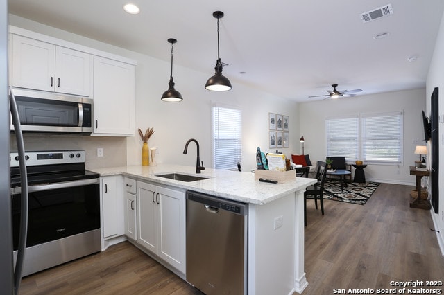 kitchen with decorative light fixtures, dark hardwood / wood-style floors, kitchen peninsula, stainless steel appliances, and sink