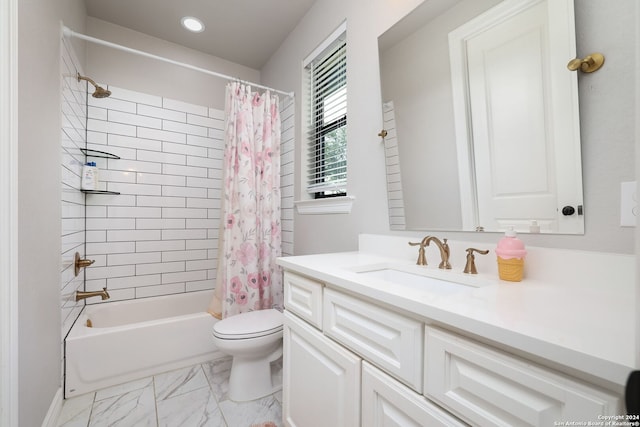 full bathroom featuring shower / bath combo, toilet, tile flooring, and vanity