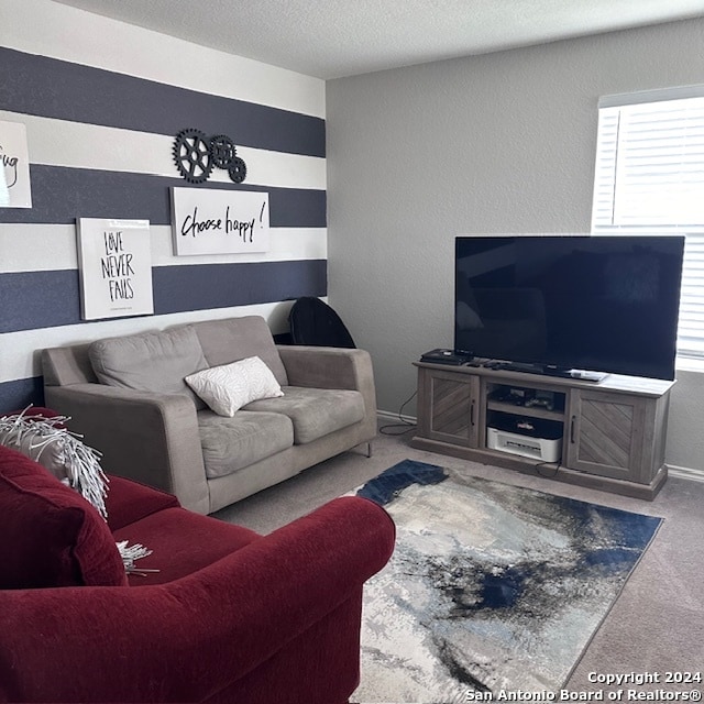 carpeted living room with a textured ceiling