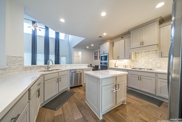 kitchen with backsplash, hardwood / wood-style floors, sink, and stainless steel appliances