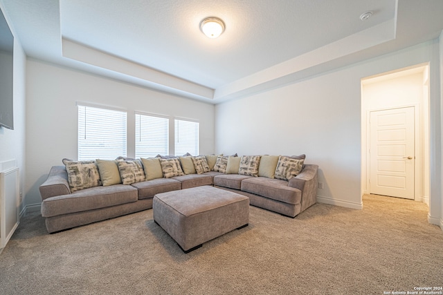 living room with carpet floors and a tray ceiling