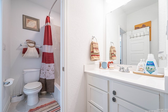 full bathroom with shower / tub combo, toilet, tile flooring, and vanity