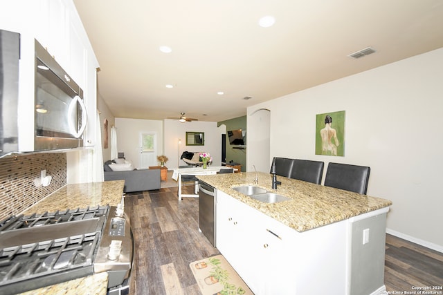 kitchen featuring sink, an island with sink, dark hardwood / wood-style flooring, and backsplash