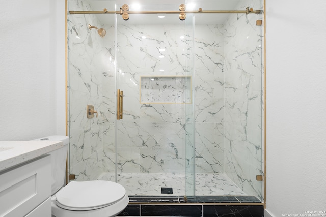 bathroom featuring vanity, a shower with shower door, and toilet