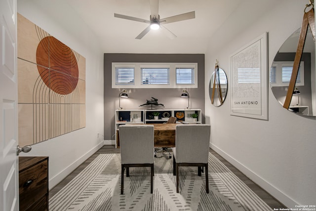 interior space with ceiling fan and hardwood / wood-style floors