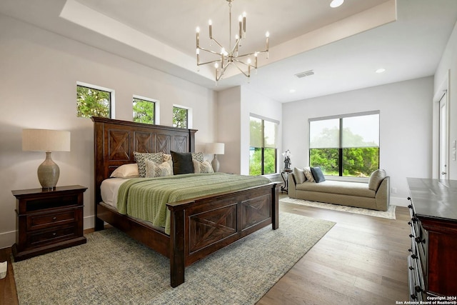 bedroom featuring a raised ceiling, multiple windows, and hardwood / wood-style flooring