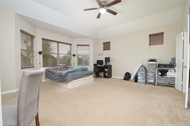 bedroom with ceiling fan and carpet flooring