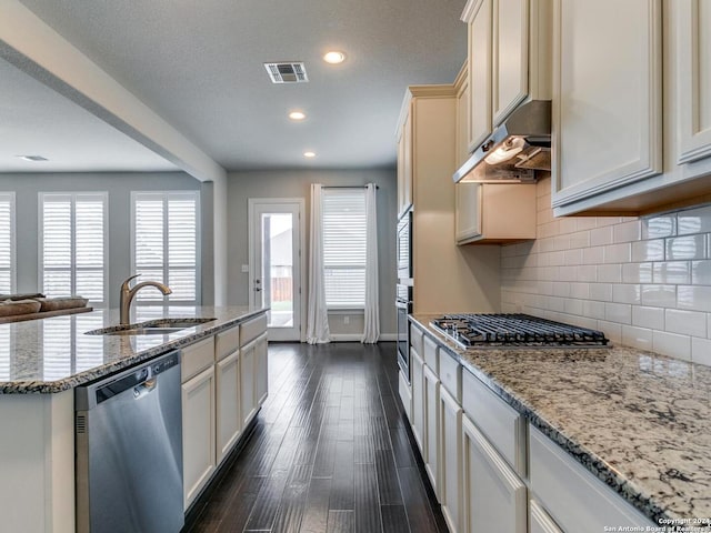 kitchen with appliances with stainless steel finishes, sink, tasteful backsplash, dark hardwood / wood-style flooring, and an island with sink