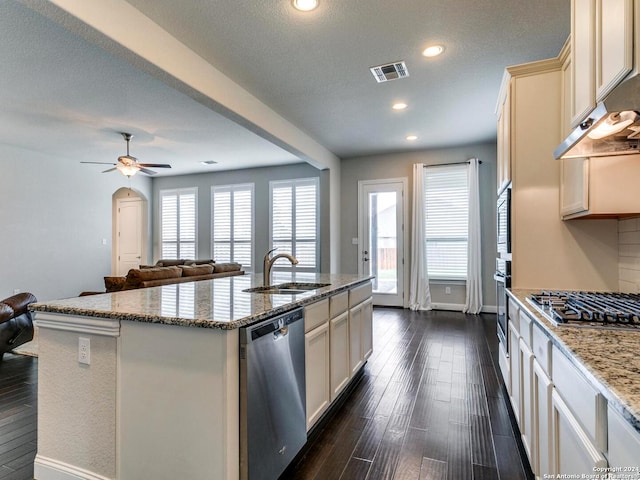 kitchen with sink, ceiling fan, dark hardwood / wood-style flooring, and stainless steel appliances