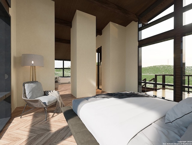 bedroom with wood ceiling, beam ceiling, light parquet flooring, and a high ceiling