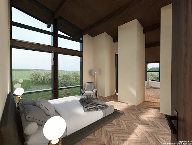 bedroom with wooden ceiling, light parquet floors, beam ceiling, and high vaulted ceiling