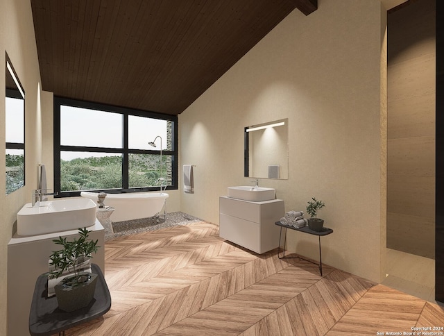 interior space with wooden ceiling and sink