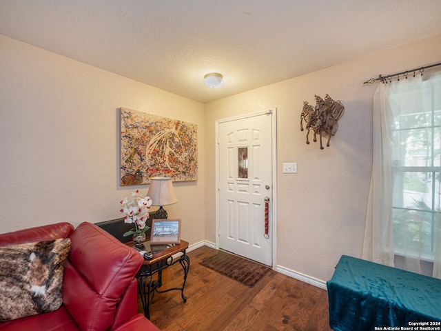 foyer entrance featuring wood-type flooring and a textured ceiling