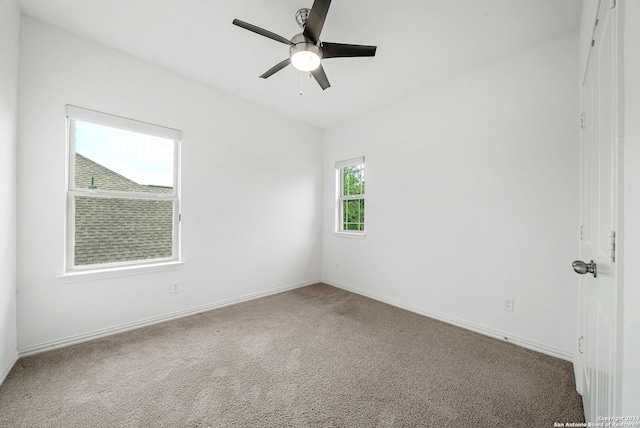 spare room featuring ceiling fan and carpet floors