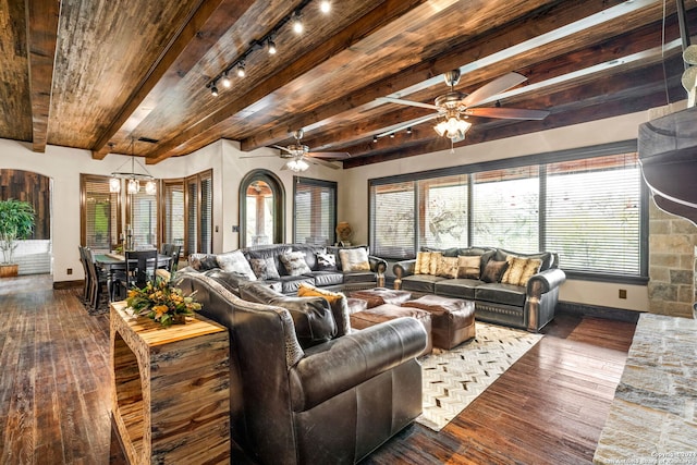 living room with beamed ceiling, ceiling fan, rail lighting, and dark wood-type flooring