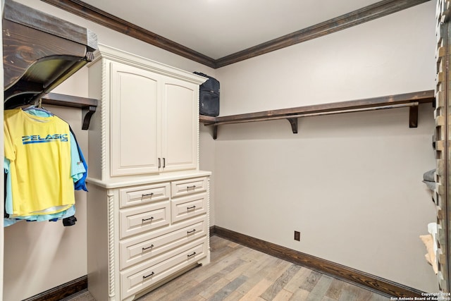 walk in closet with light hardwood / wood-style floors