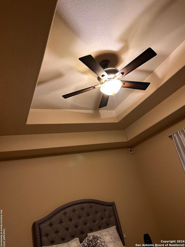 room details with a textured ceiling, ceiling fan, and a raised ceiling