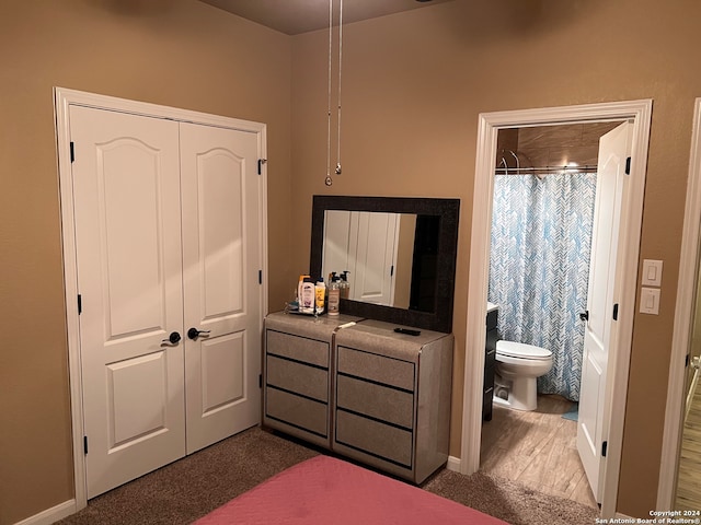 bedroom with ensuite bath, carpet, and a closet