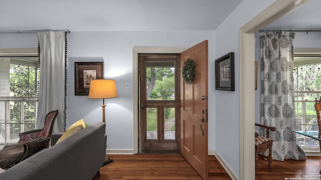 entryway with a healthy amount of sunlight and dark hardwood / wood-style floors