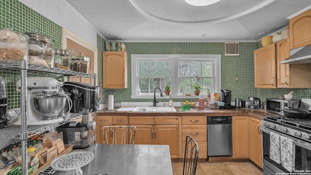 kitchen featuring sink, backsplash, stainless steel appliances, and light tile flooring