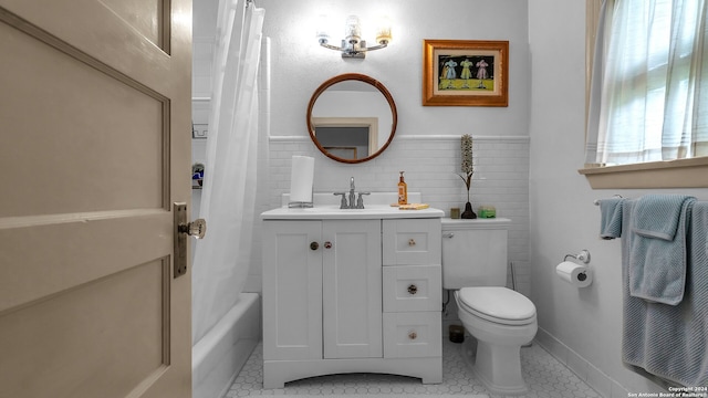 full bathroom with tasteful backsplash, vanity, tile floors, and toilet