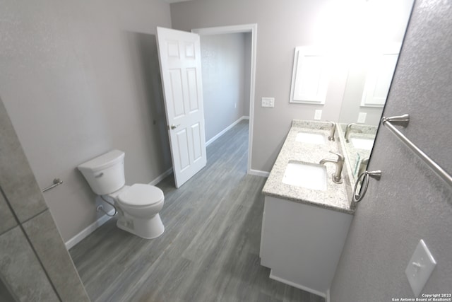 bathroom featuring wood-type flooring, toilet, and double vanity