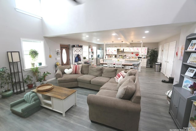 living room featuring a towering ceiling and dark wood-type flooring