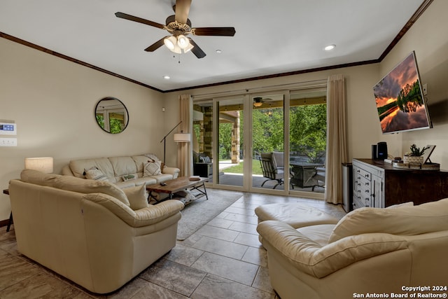 living room featuring tile flooring, ceiling fan, and crown molding