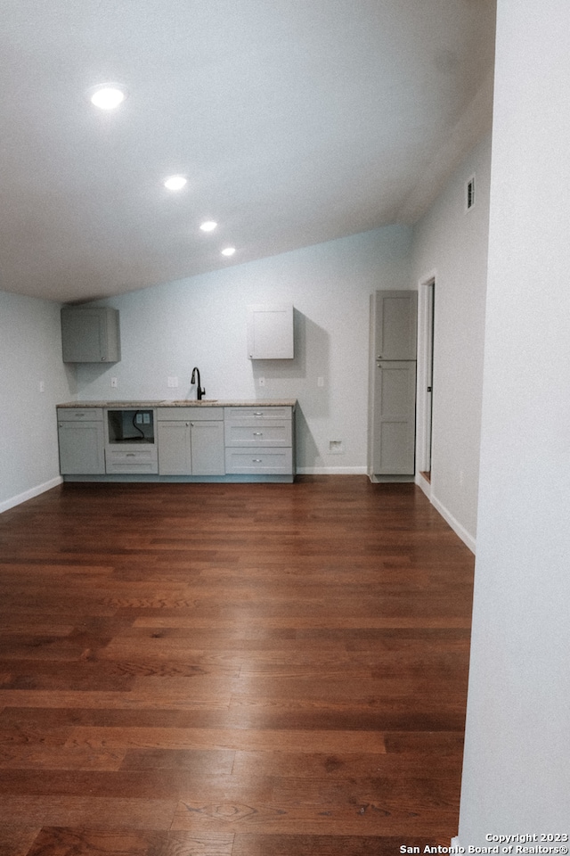 interior space with vaulted ceiling, sink, and dark wood-type flooring