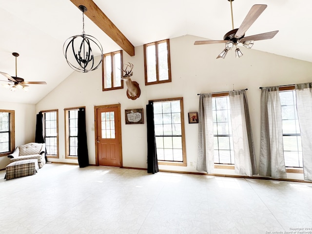 unfurnished living room featuring ceiling fan with notable chandelier, high vaulted ceiling, beam ceiling, and tile flooring