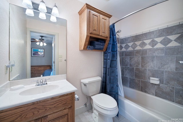 full bathroom featuring ceiling fan, toilet, tile patterned flooring, vanity, and shower / tub combo with curtain