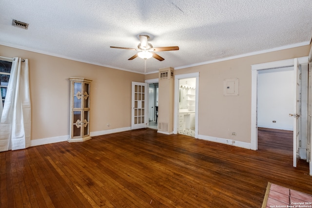 spare room with ceiling fan, a textured ceiling, dark wood-type flooring, crown molding, and french doors