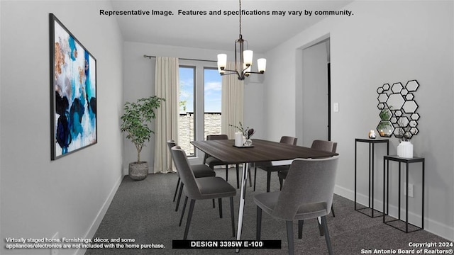 dining room with dark carpet and a chandelier