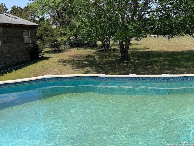 view of swimming pool with a yard and a diving board