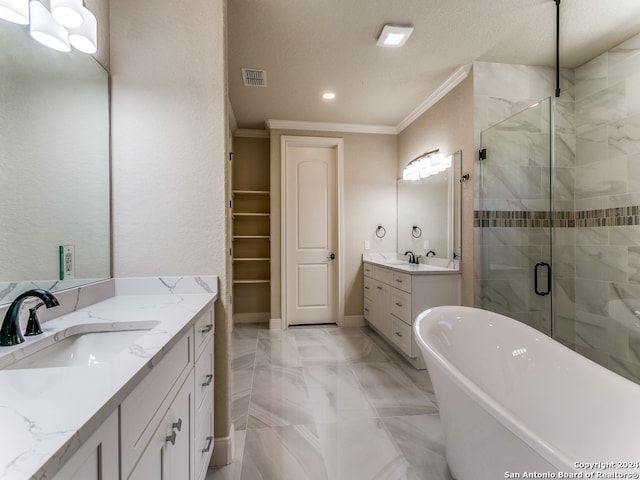 bathroom with double sink vanity, a textured ceiling, shower with separate bathtub, crown molding, and tile floors