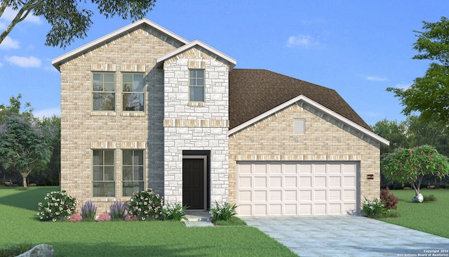 view of front of house featuring a garage and a front lawn