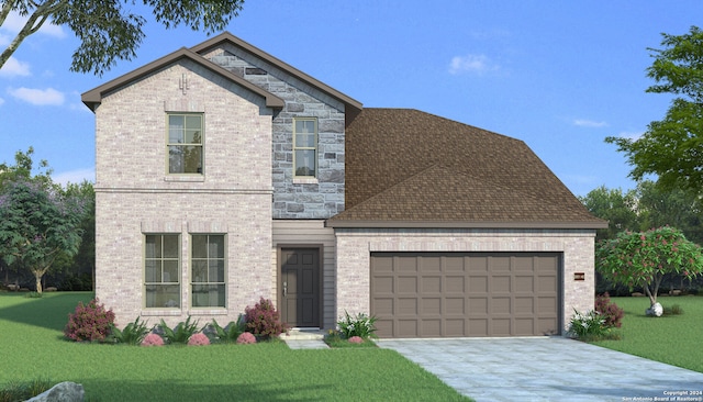 view of front facade with a garage and a front lawn