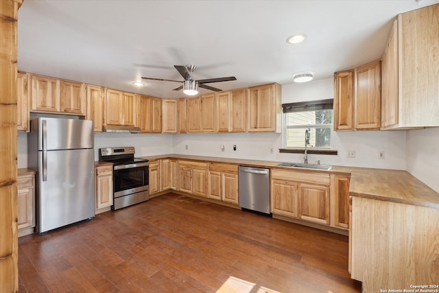 kitchen with appliances with stainless steel finishes, ceiling fan, sink, and dark hardwood / wood-style flooring