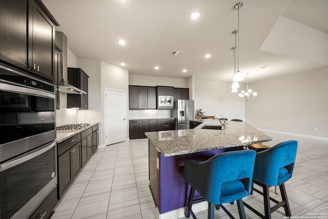 kitchen featuring decorative light fixtures, backsplash, stainless steel appliances, a center island with sink, and sink