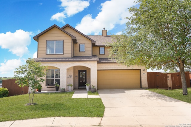 view of front of house with a front lawn and a garage