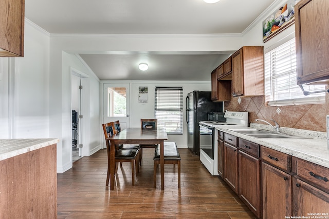 kitchen featuring dark wood-type flooring, backsplash, ornamental molding, sink, and white electric range oven