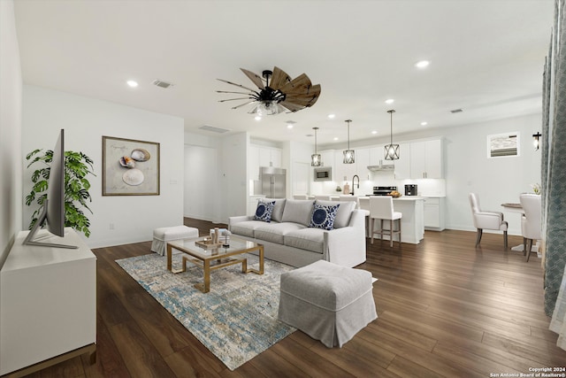 living room featuring sink and dark wood-type flooring