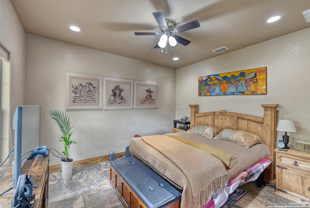 bedroom with tile flooring and ceiling fan