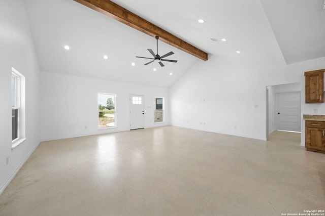 unfurnished living room with high vaulted ceiling, ceiling fan, and beam ceiling