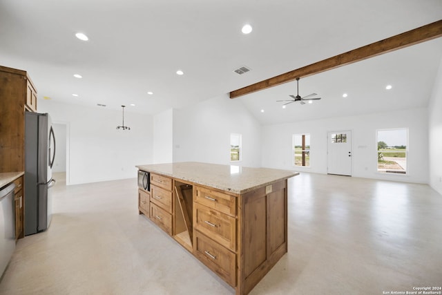 kitchen featuring a kitchen island, vaulted ceiling with beams, appliances with stainless steel finishes, light stone counters, and ceiling fan