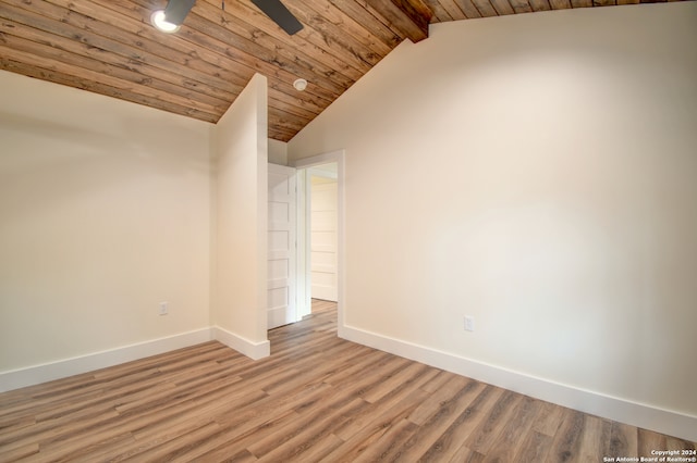 unfurnished room featuring lofted ceiling with beams, wooden ceiling, wood-type flooring, and ceiling fan