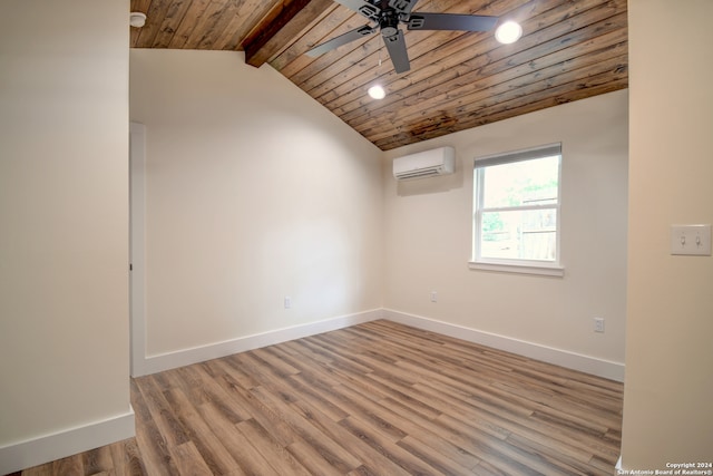 unfurnished room featuring hardwood / wood-style floors, vaulted ceiling with beams, wood ceiling, ceiling fan, and a wall mounted AC