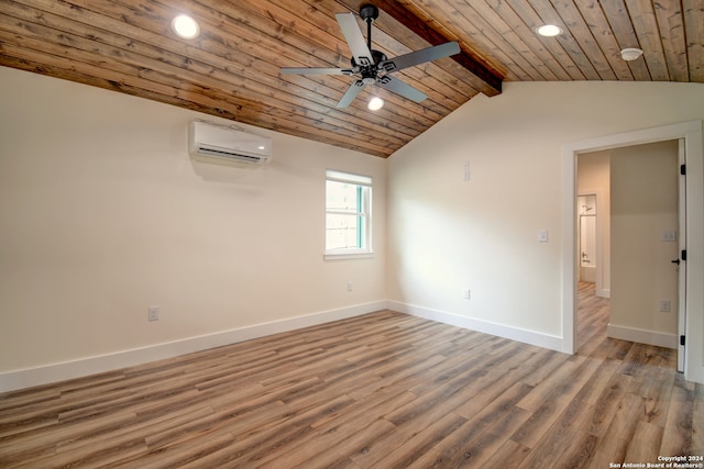 unfurnished room with ceiling fan, lofted ceiling with beams, a wall mounted AC, wooden ceiling, and hardwood / wood-style flooring