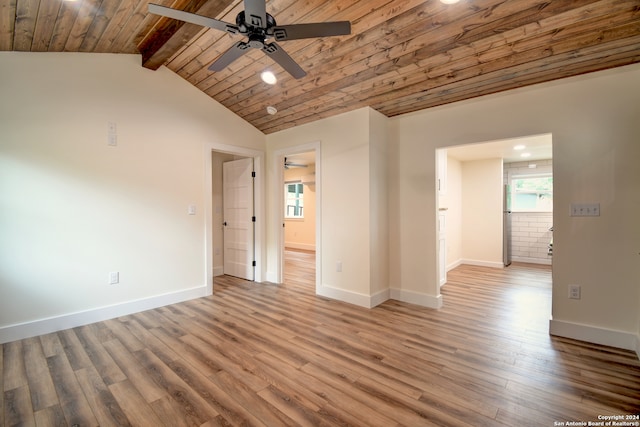 empty room featuring wood ceiling, lofted ceiling with beams, ceiling fan, and hardwood / wood-style flooring