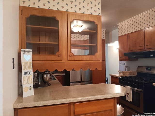 kitchen with exhaust hood and stainless steel gas stove